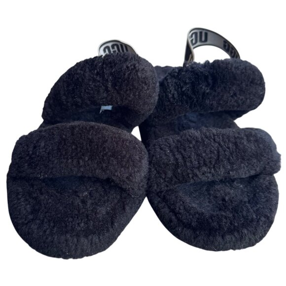 Ugg Women's Fluff Yeah Slide Sandals Size 8 Black Sheepskin & Logo Elastic Strap - Picture 4 of 9